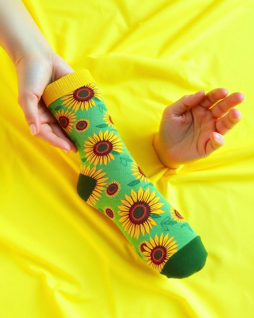 Sunflower-patterned wide-calf medical socks stretched wide